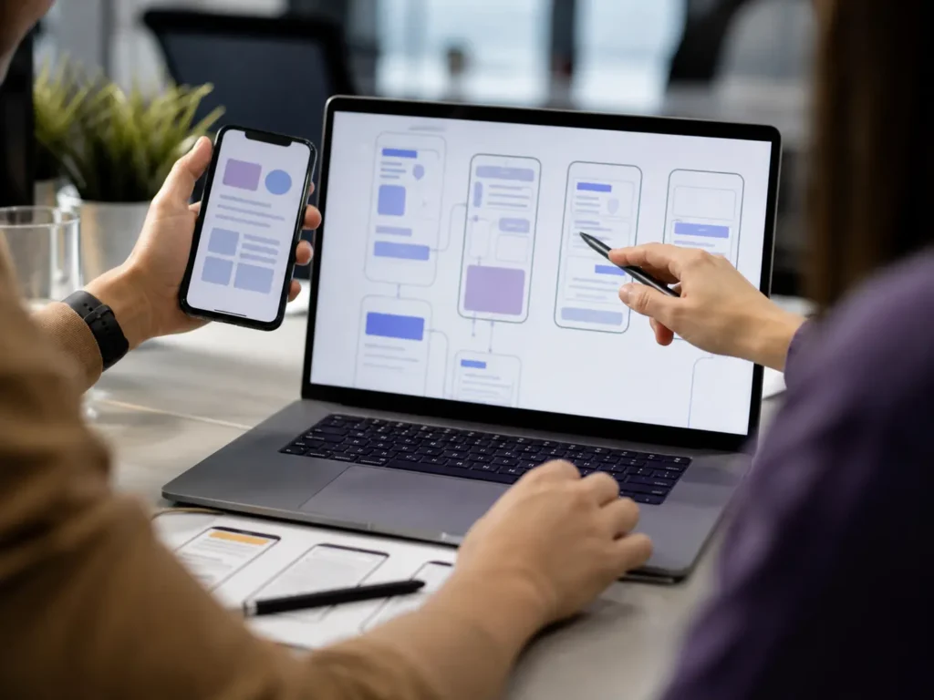 Mobile app development team designing Android and iOS application screens